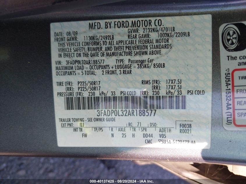 2010 Ford Fusion Hybrid VIN: 3FADP0L32AR188577 Lot: 40137425