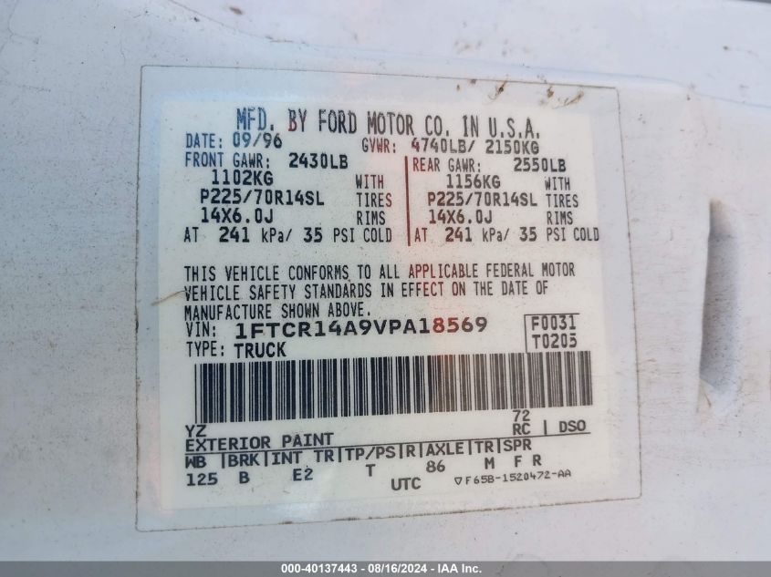 1997 Ford Ranger Super Cab VIN: 1FTCR14A9VPA18569 Lot: 40137443