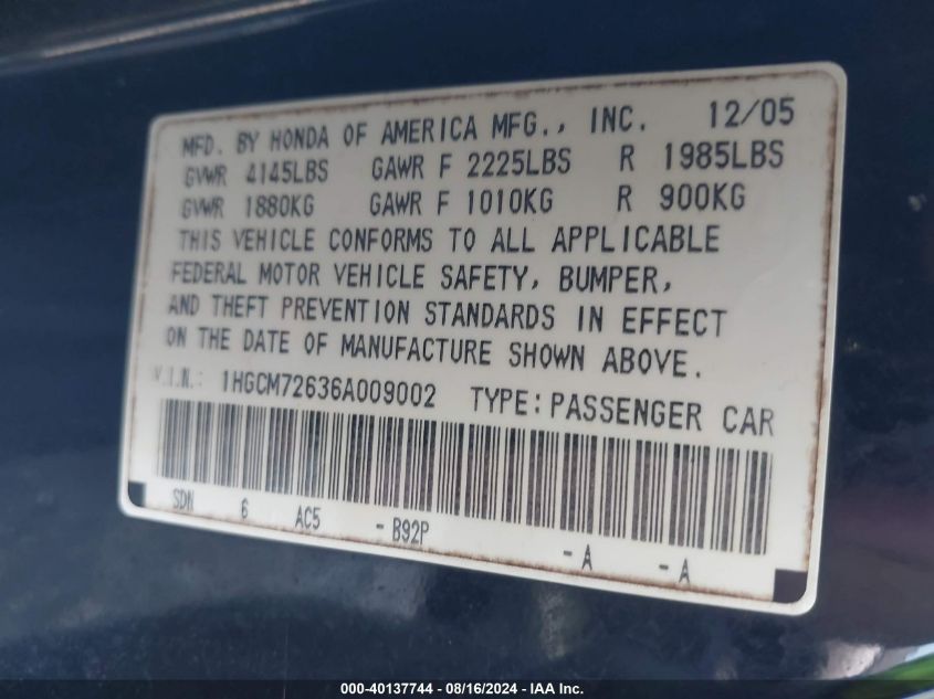 2006 Honda Accord 2.4 Ex VIN: 1HGCM72636A009002 Lot: 40137744