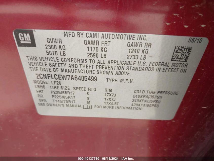 2010 Chevrolet Equinox Ls VIN: 2CNFLCEW7A6405499 Lot: 40137760