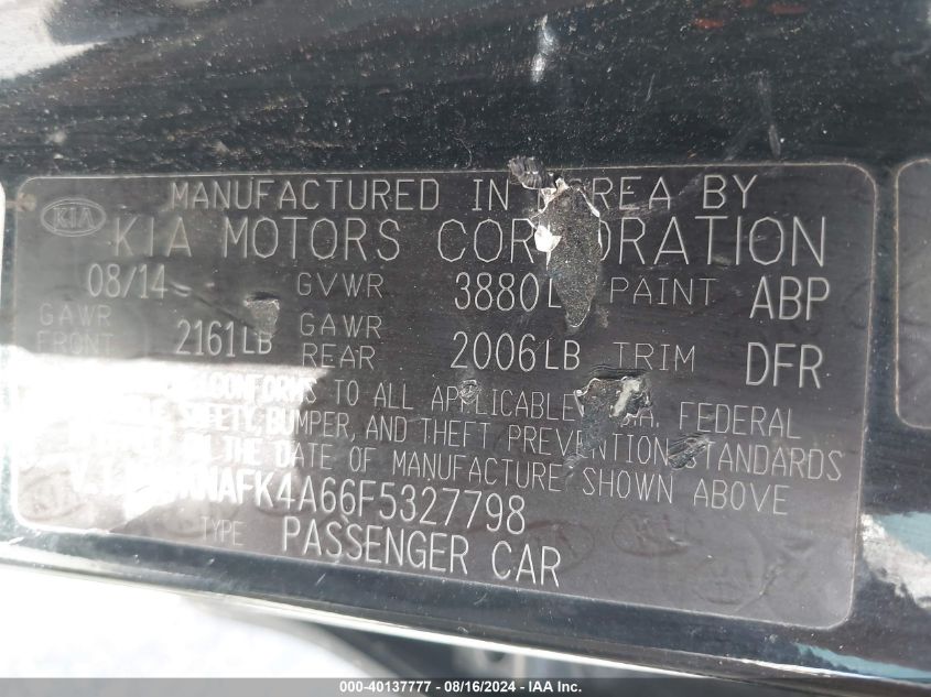 2015 Kia Forte Lx VIN: KNAFK4A66F5327798 Lot: 40137777