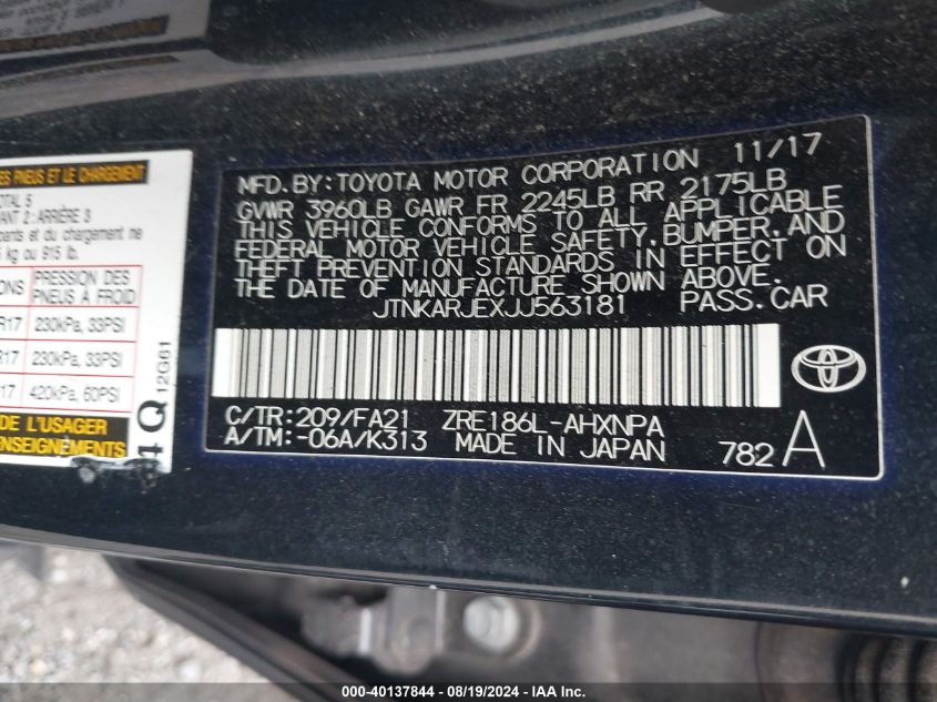 2018 Toyota Corolla Im VIN: JTNKARJEXJJ563181 Lot: 40137844