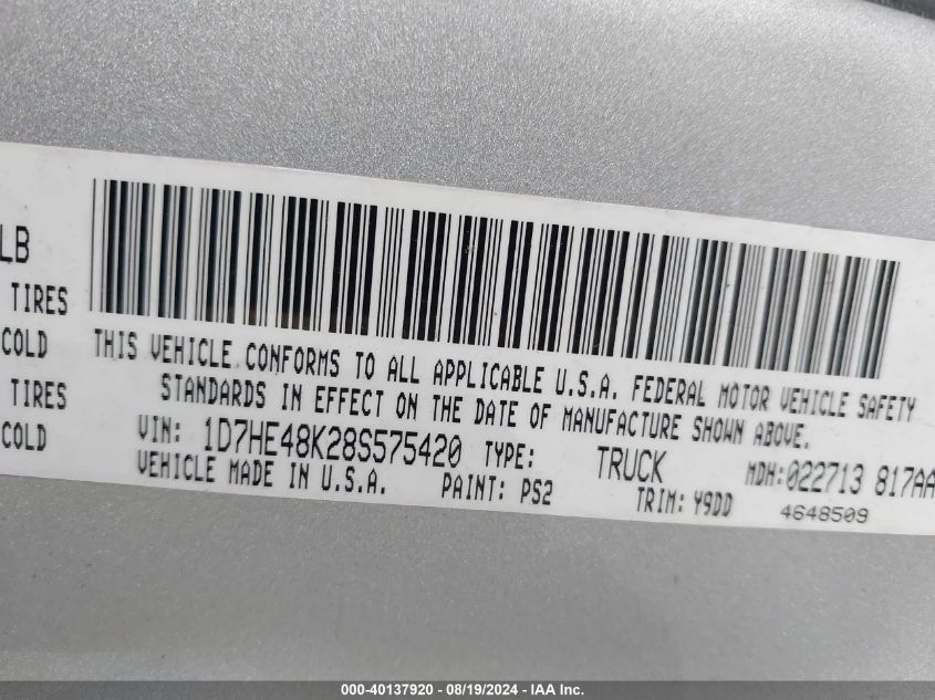 2008 Dodge Dakota Slt VIN: 1D7HE48K28S575420 Lot: 40137920