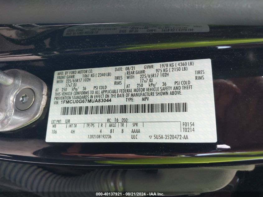 2021 Ford Escape Se VIN: 1FMCU0G67MUA83044 Lot: 40137921