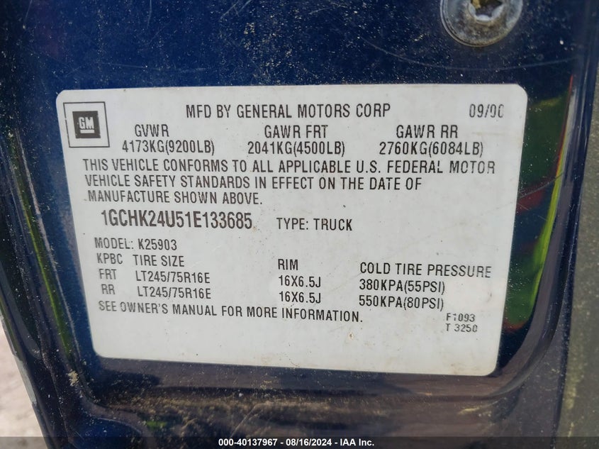 2001 Chevrolet Silverado 2500Hd Ls VIN: 1GCHK24U51E133685 Lot: 40137967
