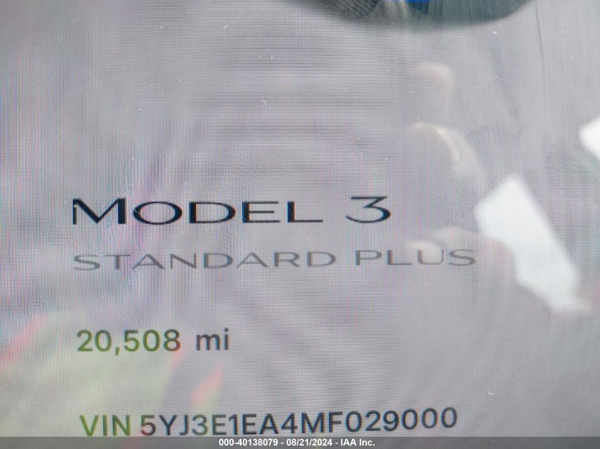 2021 Tesla Model 3 Standard Range Plus Rear-Wheel Drive VIN: 5YJ3E1EA4MF029000 Lot: 40138079