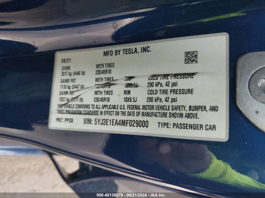 2021 Tesla Model 3 Standard Range Plus Rear-Wheel Drive VIN: 5YJ3E1EA4MF029000 Lot: 40138079