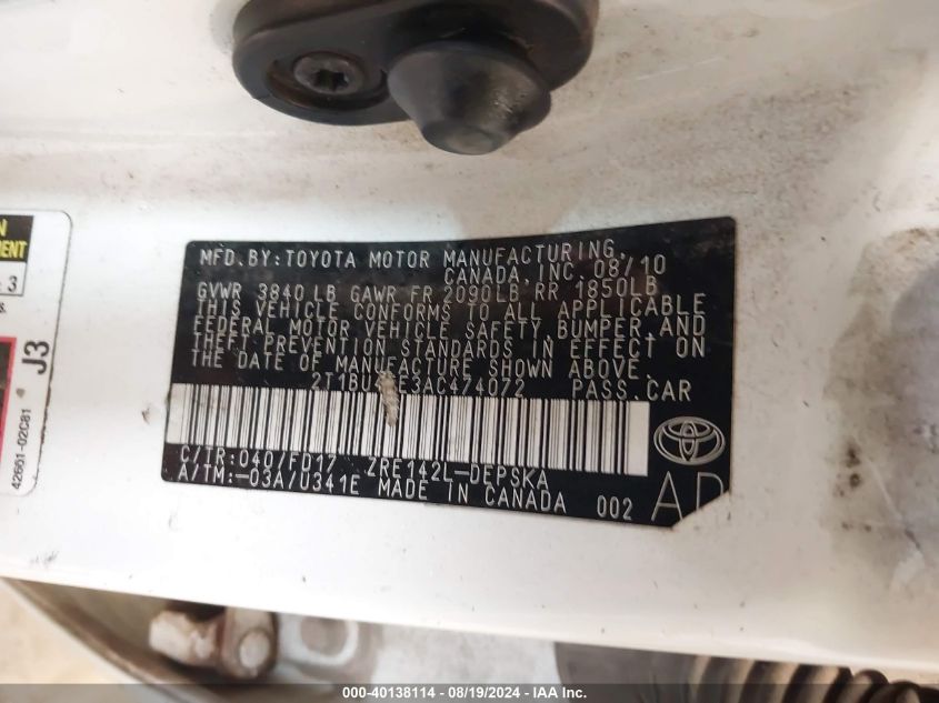 2010 Toyota Corolla S VIN: 2T1BU4EE3AC474072 Lot: 40138114