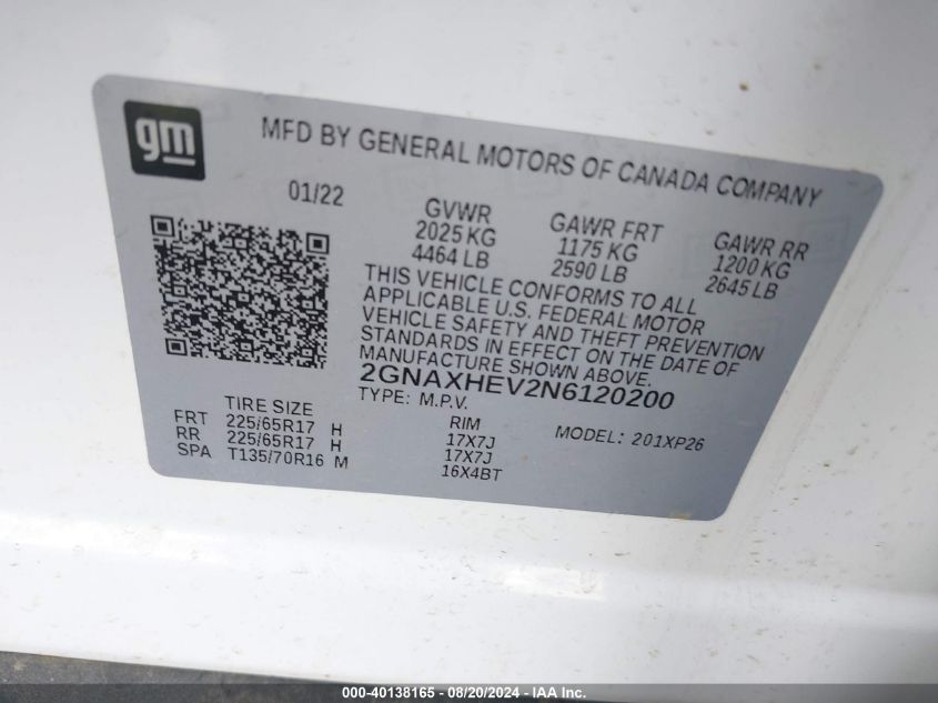 2022 Chevrolet Equinox Ls VIN: 2GNAXHEV2N6120200 Lot: 40138165