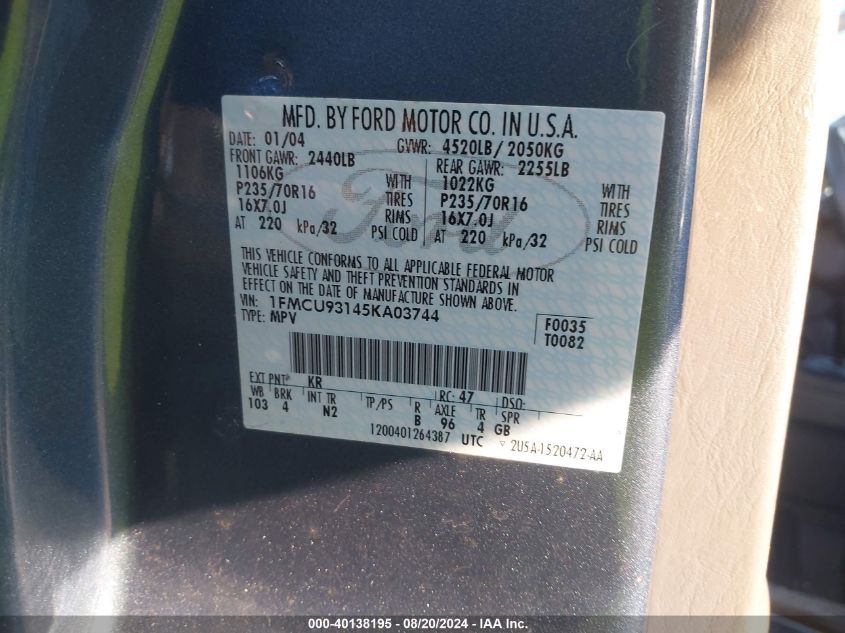 2005 Ford Escape Xlt VIN: 1FMCU93145KA03744 Lot: 40138195