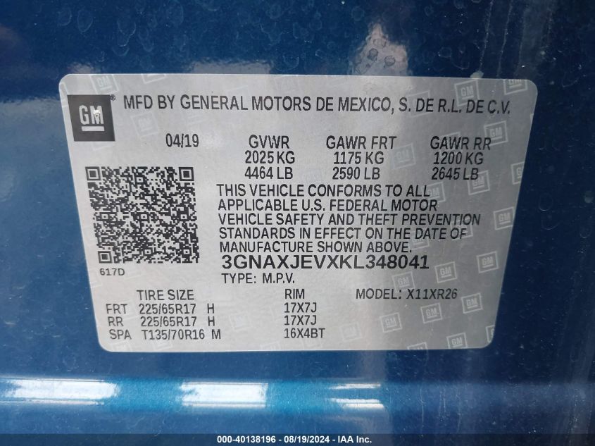 2019 Chevrolet Equinox Lt VIN: 3GNAXJEVXKL348041 Lot: 40138196