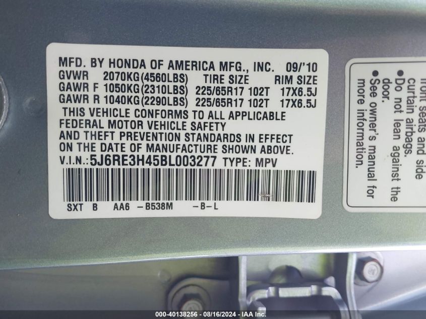 2011 Honda Cr-V Se VIN: 5J6RE3H45BL003277 Lot: 40138256