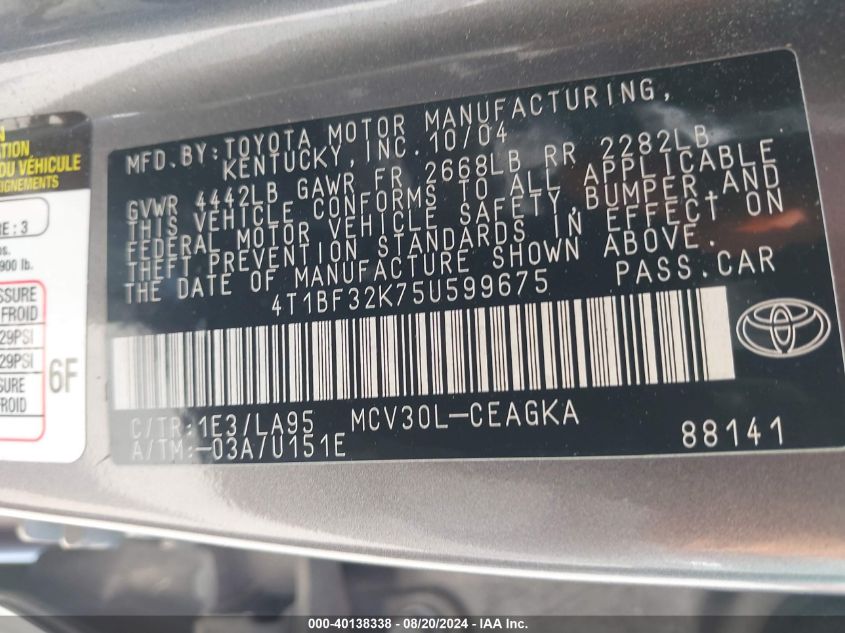 2005 Toyota Camry Xle V6 VIN: 4T1BF32K75U599675 Lot: 40138338