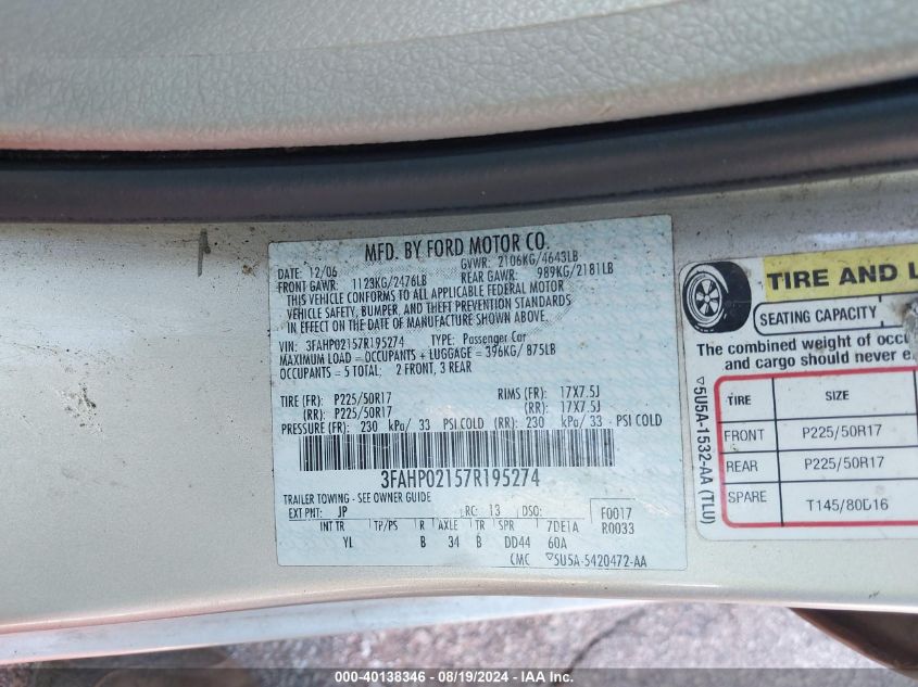 2007 Ford Fusion Sel VIN: 3FAHP02157R195274 Lot: 40138346