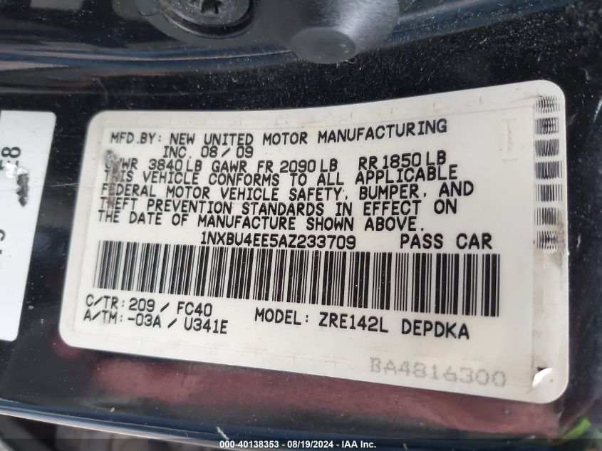 2010 Toyota Corolla Le VIN: 1NXBU4EE5AZ233709 Lot: 40138353