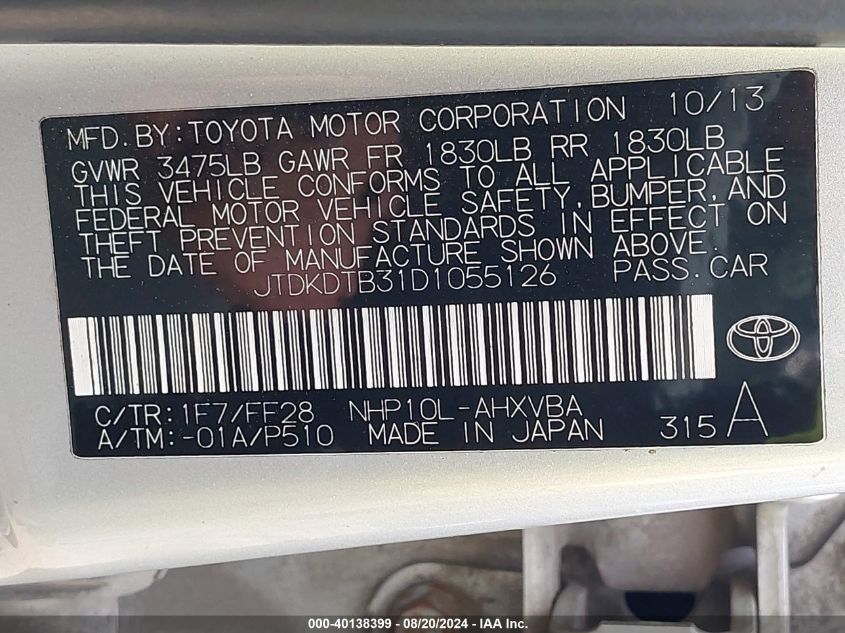 JTDKDTB31D1055126 2013 Toyota Prius C