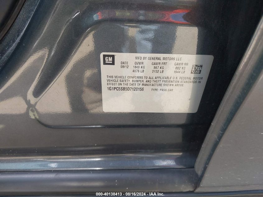 2013 Chevrolet Cruze 1Lt Auto VIN: 1G1PC5SB5D7120156 Lot: 40138413