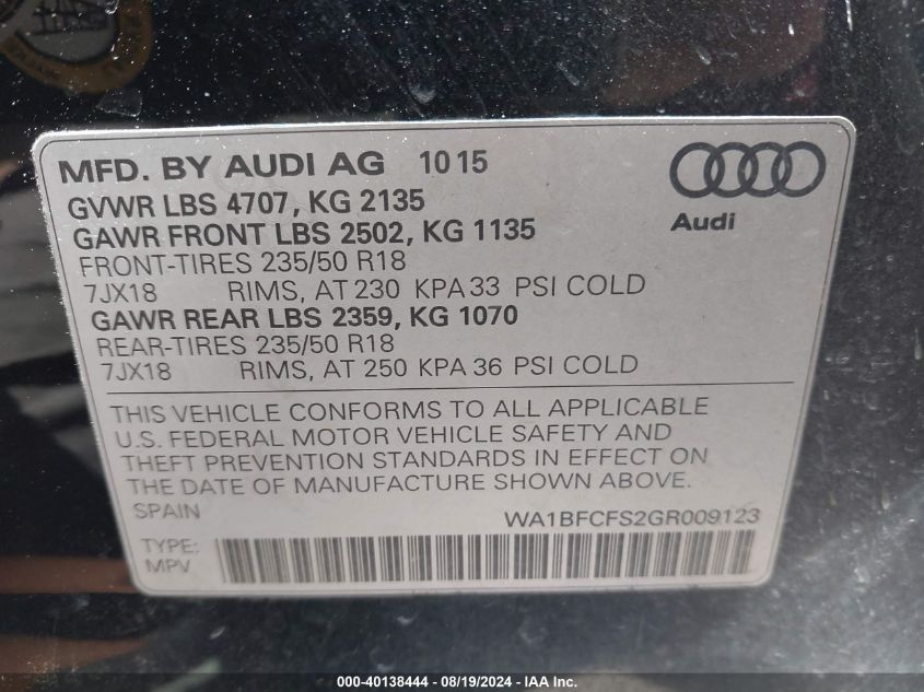 2016 AUDI Q3 2.0T PREMIUM PLUS - WA1BFCFS2GR009123