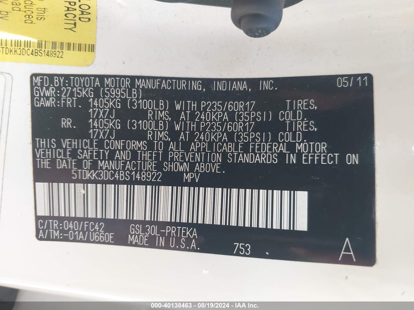 2011 Toyota Sienna Le V6 VIN: 5TDKK3DC4BS148922 Lot: 40138463