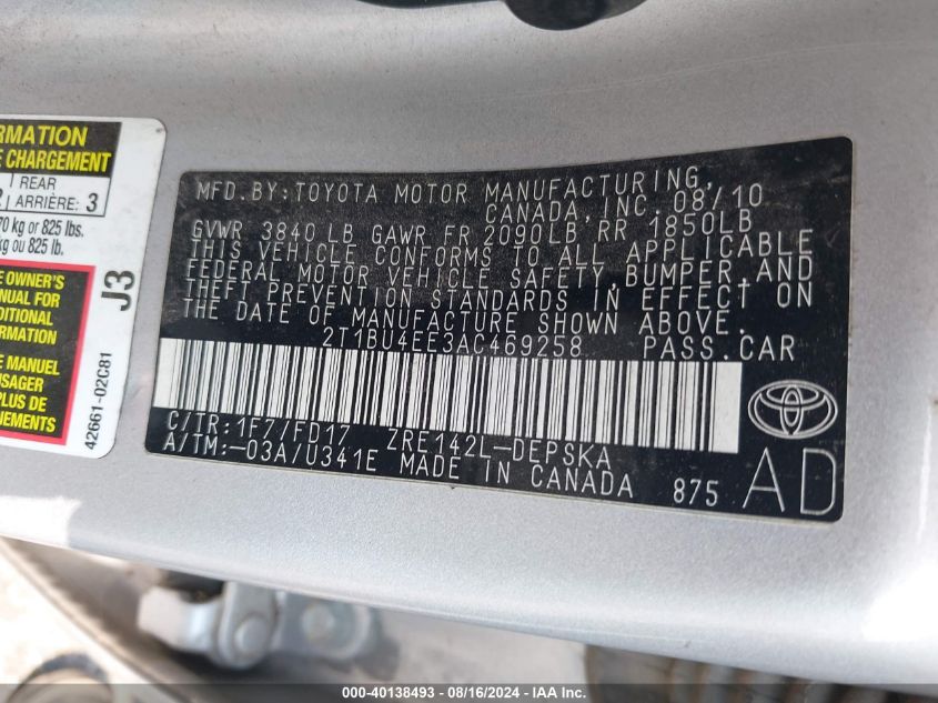 2010 Toyota Corolla S VIN: 2T1BU4EE3AC469258 Lot: 40138493