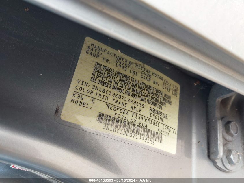 2007 Nissan Versa 1.8Sl VIN: 3N1BC13E07L443195 Lot: 40138503
