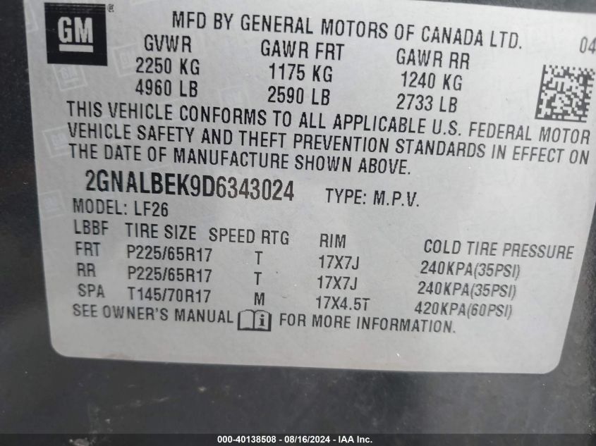 2013 Chevrolet Equinox Ls VIN: 2GNALBEK9D6343024 Lot: 40138508