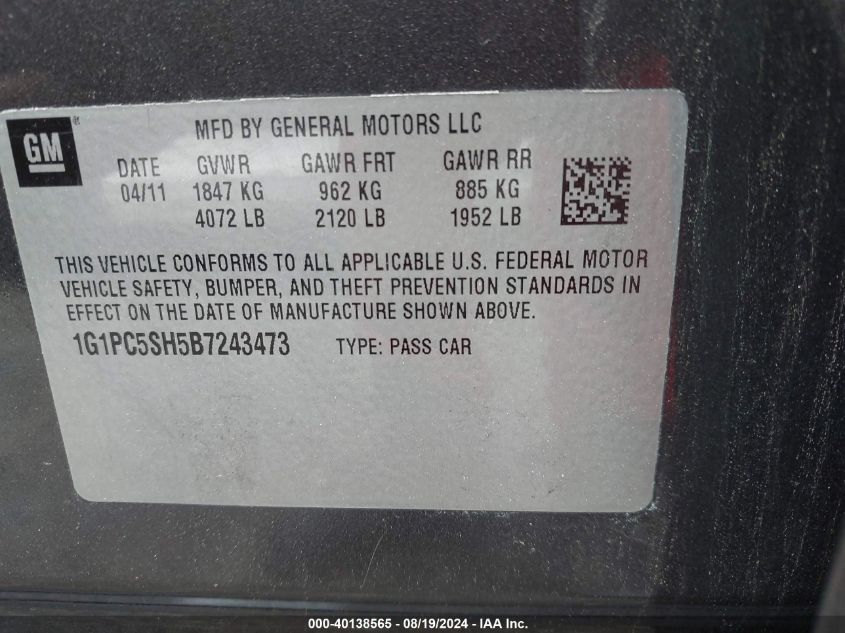 2011 Chevrolet Cruze Ls VIN: 1G1PC5SH5B7243473 Lot: 40138565