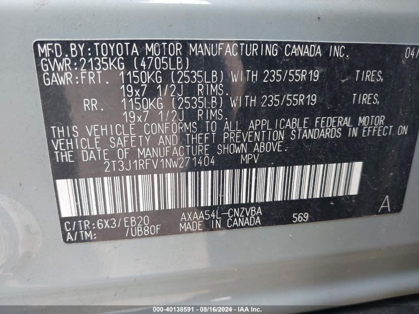 2022 Toyota Rav4 Adventure VIN: 2T3J1RFV1NW271404 Lot: 40138591