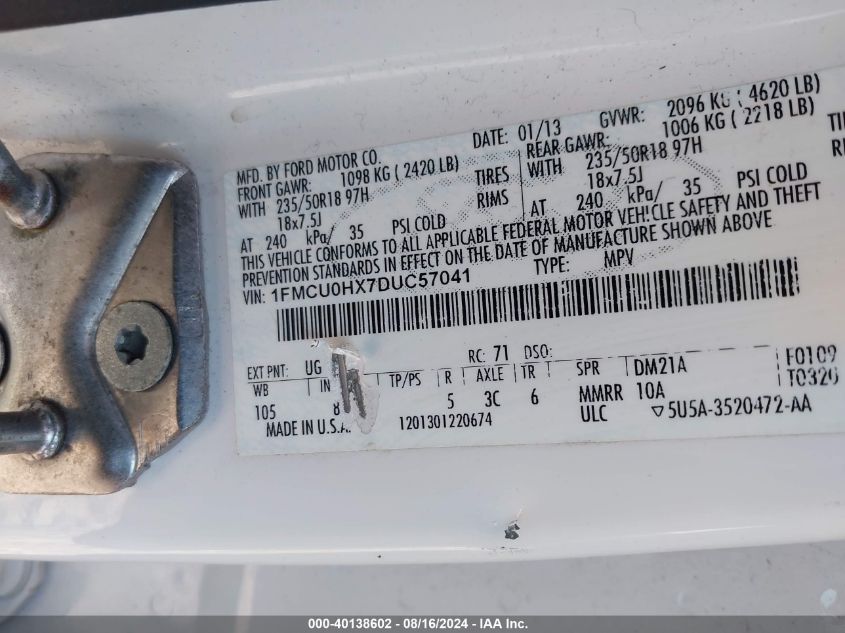 2013 Ford Escape Sel VIN: 1FMCU0HX7DUC57041 Lot: 40138602