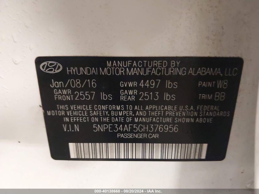 2016 Hyundai Sonata Limited VIN: 5NPE34AF5GH376956 Lot: 40138668