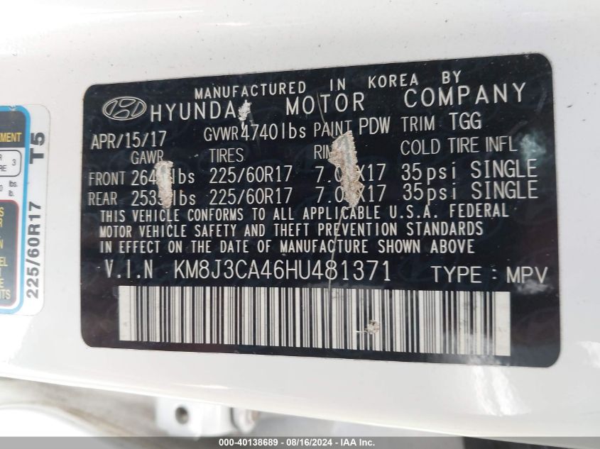 KM8J3CA46HU481371 2017 Hyundai Tucson Se