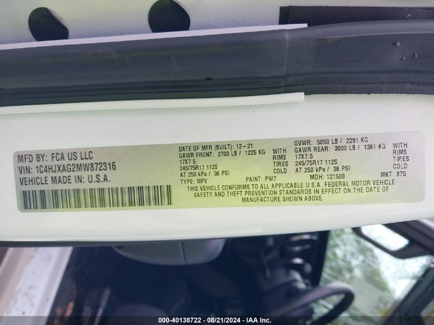 1C4HJXAG2MW872316 2021 Jeep Wrangler Sport S 4X4