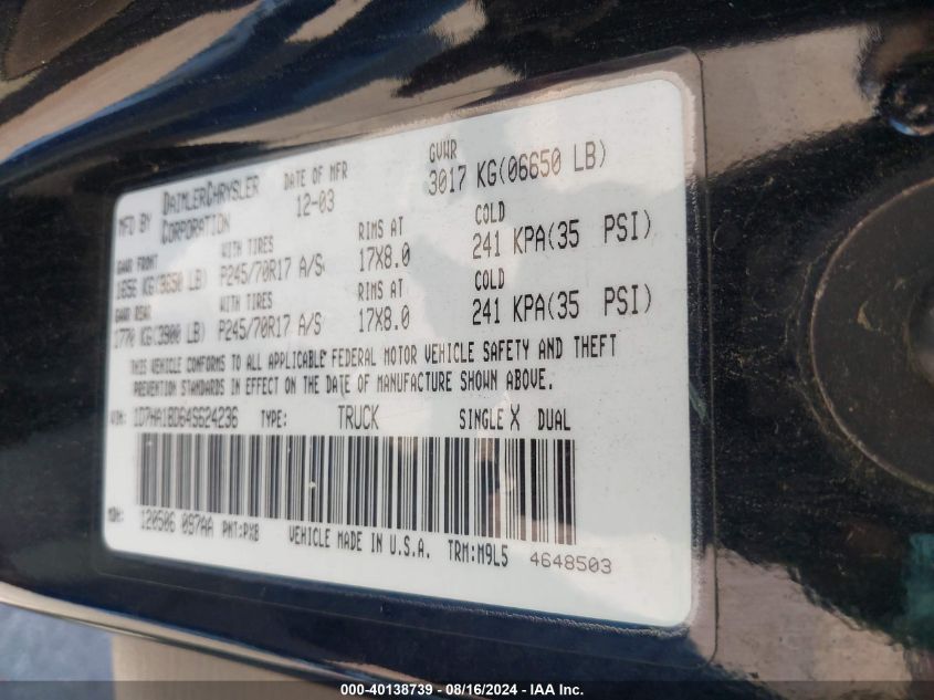 2004 Dodge Ram 1500 Slt/Laramie VIN: 1D7HA18D64S624236 Lot: 40138739