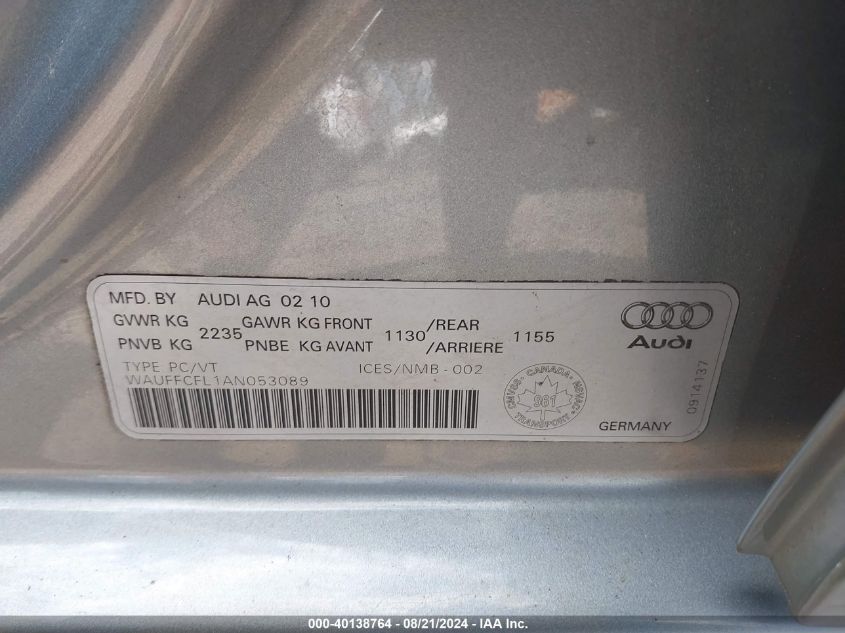 WAUFFCFL1AN053089 2010 Audi A4 2.0T Premium