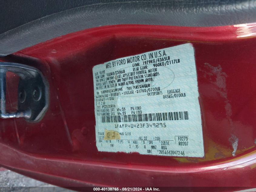 2003 Ford Mustang VIN: 1FAFP40423F349295 Lot: 40138765
