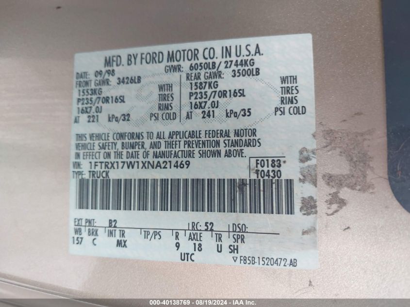 1999 Ford F-150 Lariat/Work Series/Xl/Xlt VIN: 1FTRX17W1XNA21469 Lot: 40138769