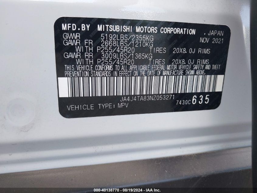 2022 Mitsubishi Outlander Es 2.5 S-Awc VIN: JA4J4TA83NZ053271 Lot: 40138770