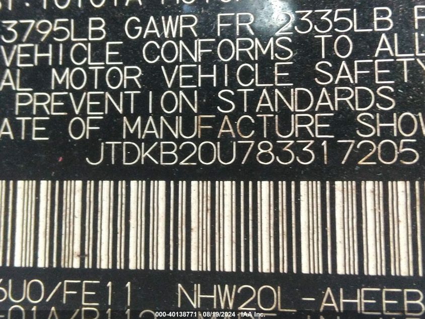 2008 Toyota Prius VIN: JTDKB20U783317205 Lot: 40138771