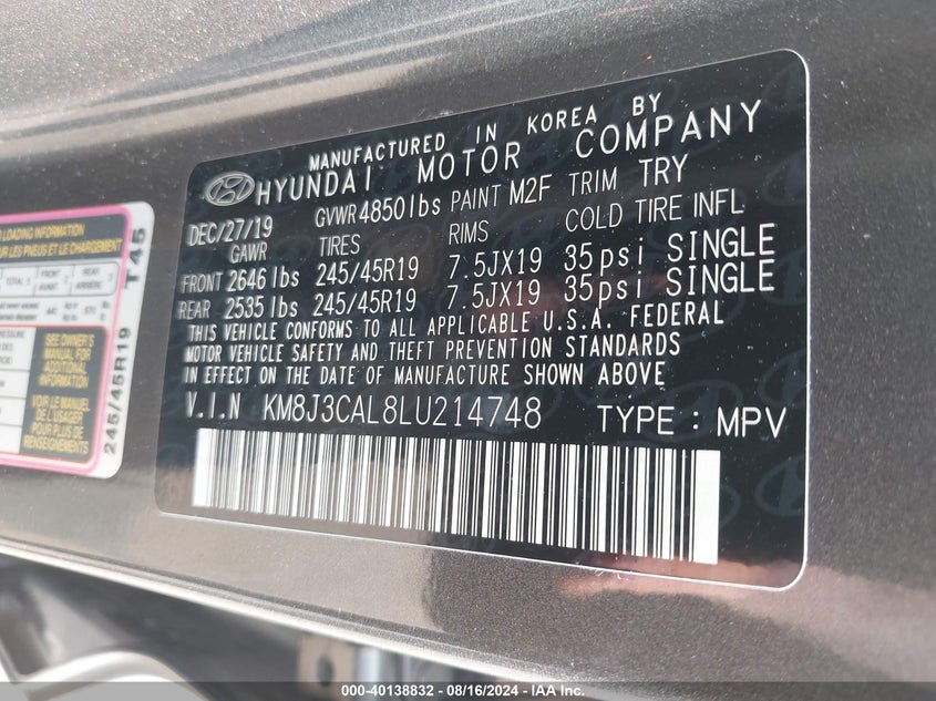 VIN KM8J3CAL8LU214748 2020 HYUNDAI TUCSON SPORT