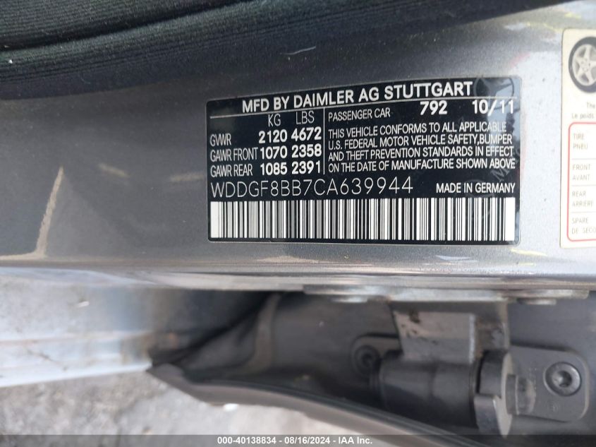 2012 Mercedes-Benz C 300 Luxury 4Matic/Sport 4Matic VIN: WDDGF8BB7CA639944 Lot: 40138834