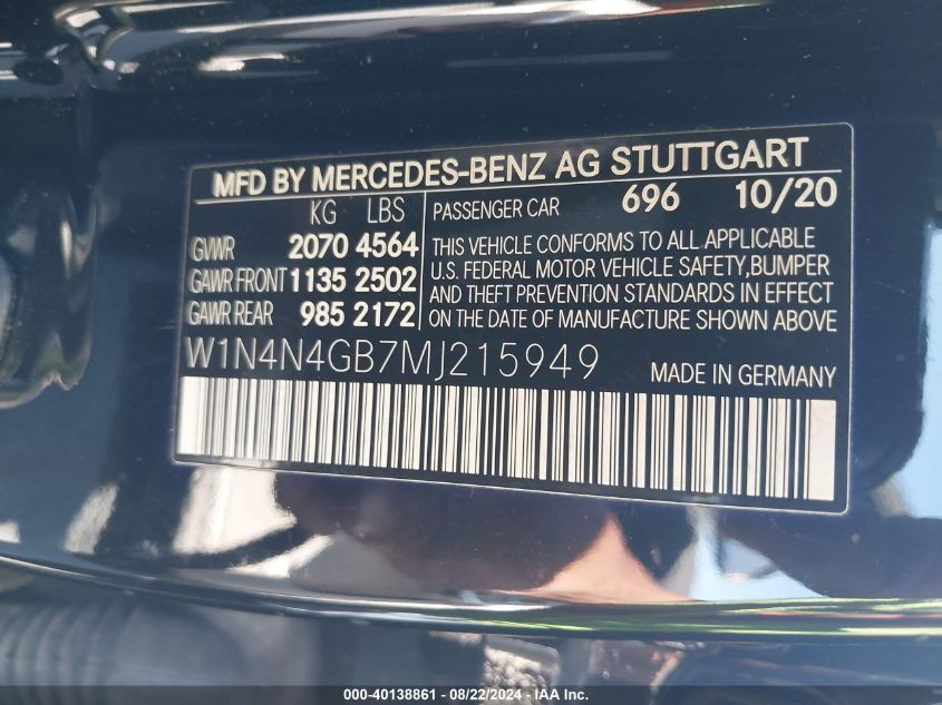 2021 Mercedes-Benz Gla 250 VIN: W1N4N4GB7MJ215949 Lot: 40138861