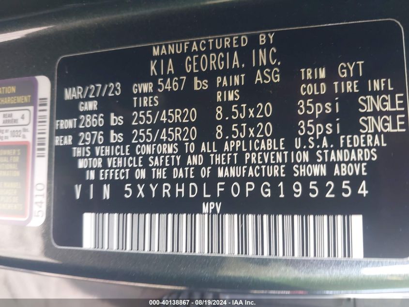 2023 Kia Sorento X-Line Ex VIN: 5XYRHDLF0PG195254 Lot: 40138867