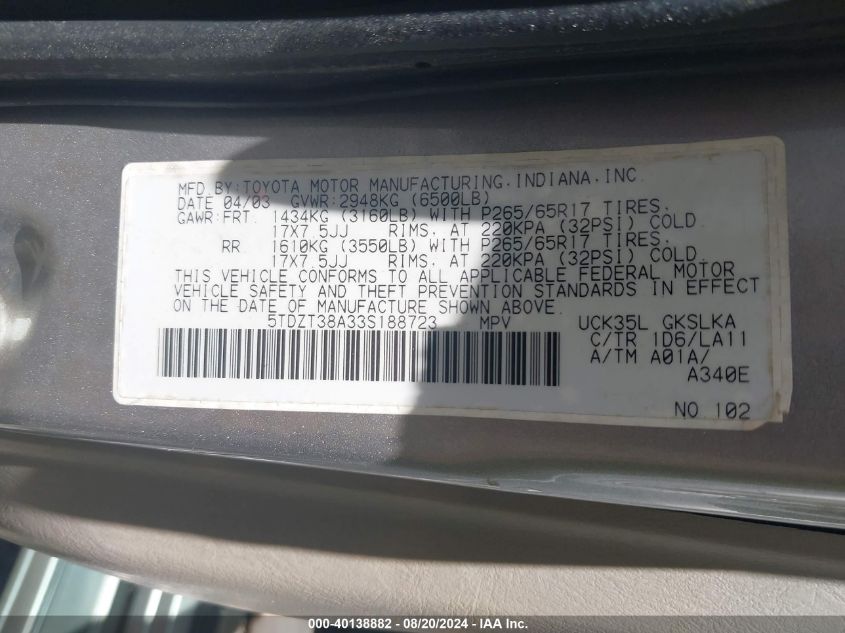 2003 Toyota Sequoia Limited V8 VIN: 5TDZT38A33S188723 Lot: 40138882