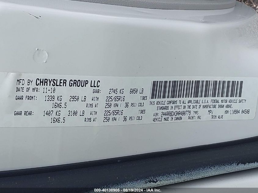 2010 Chrysler Town & Country Touring Plus VIN: 2A4RR8DX3AR480779 Lot: 40138905