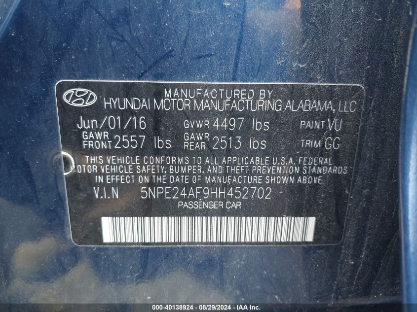 2017 HYUNDAI SONATA SE - 5NPE24AF9HH452702