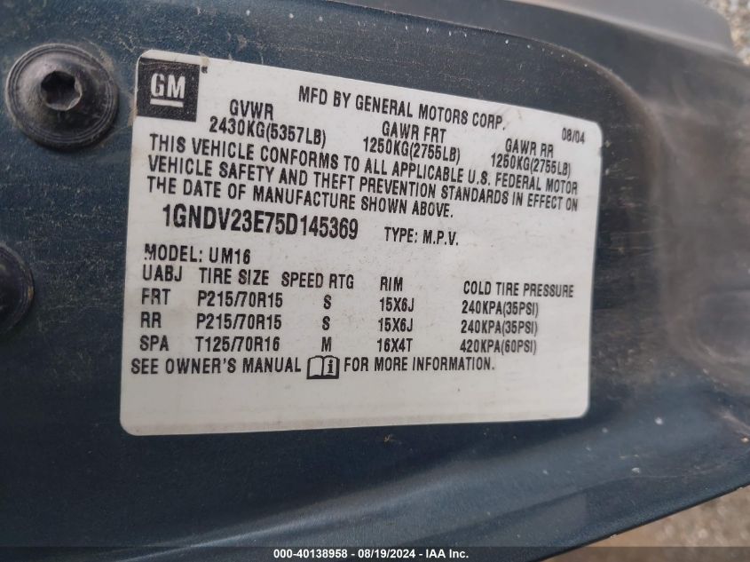 2005 Chevrolet Venture Ls VIN: 1GNDV23E75D145369 Lot: 40138958