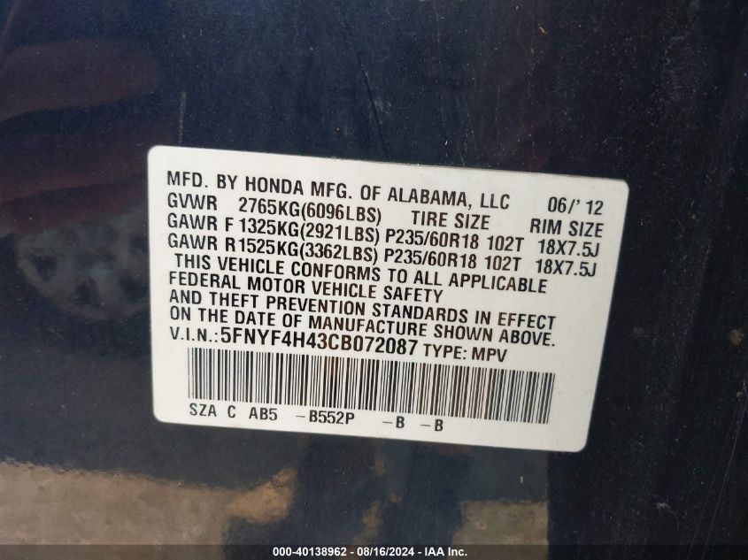 2012 Honda Pilot Ex VIN: 5FNYF4H43CB072087 Lot: 40138962
