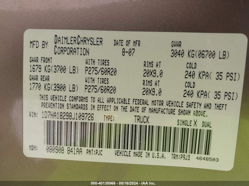 2008 Dodge Ram 1500 Slt VIN: 1D7HA18298J109726 Lot: 40138966