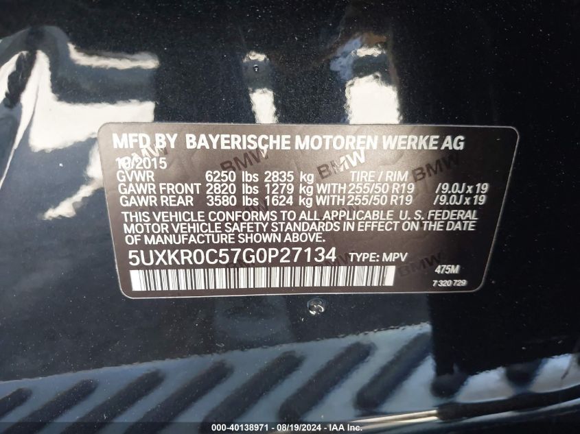 2016 BMW X5 xDrive35I VIN: 5UXKR0C57G0P27134 Lot: 40138971