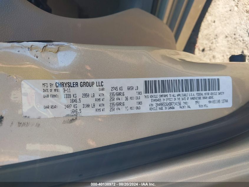 2011 Chrysler Town & Country Touring VIN: 2A4RR5DGXBR714156 Lot: 40138972